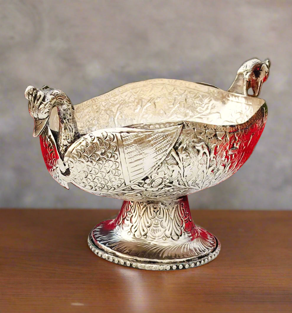 Antique finish German silver peacock urli/bowl with stand